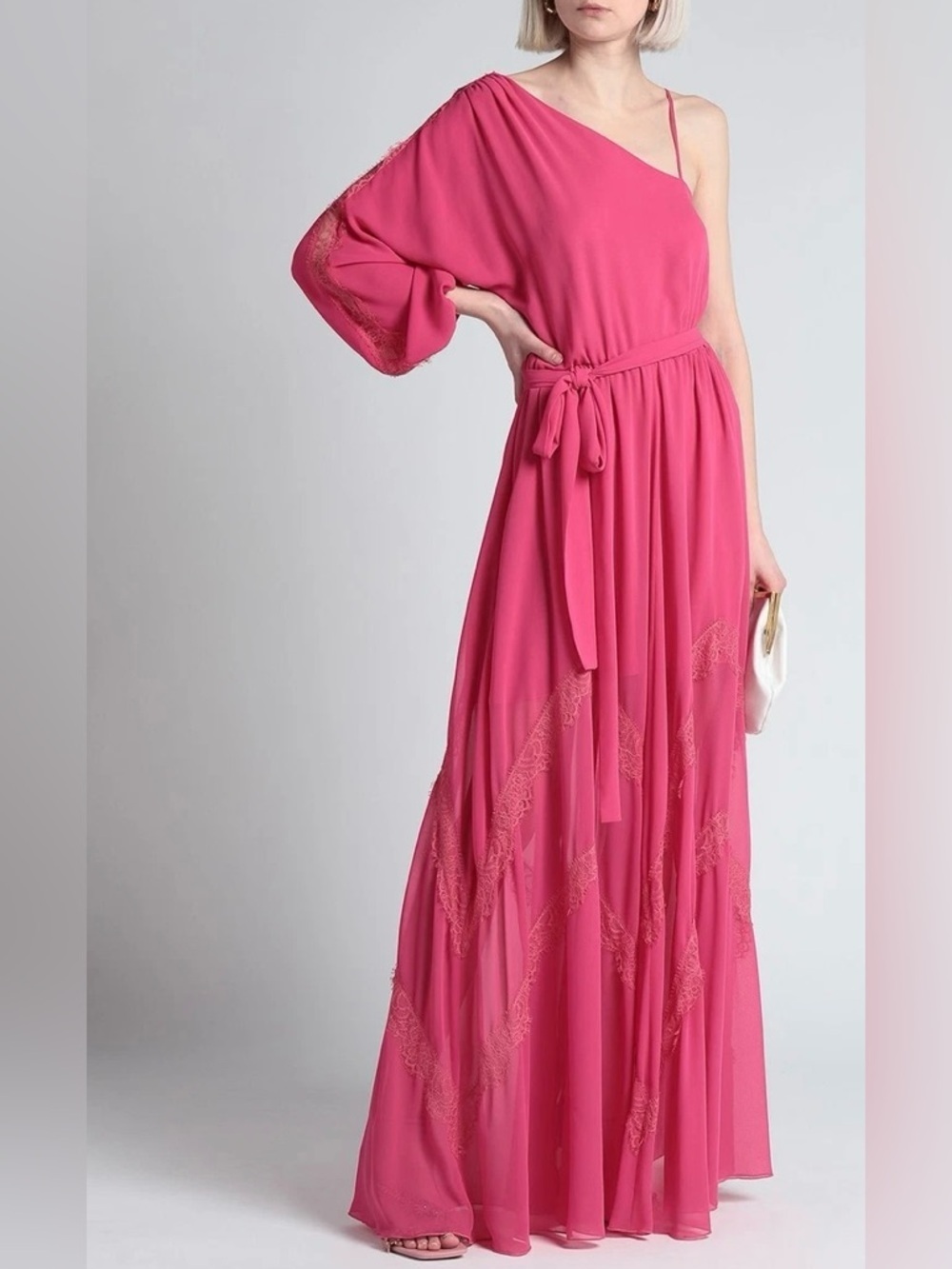 NWT Anna Molinari Fuchsia Pink Lace Trim One Shoulder Gown Maxi Dress Sz 6
